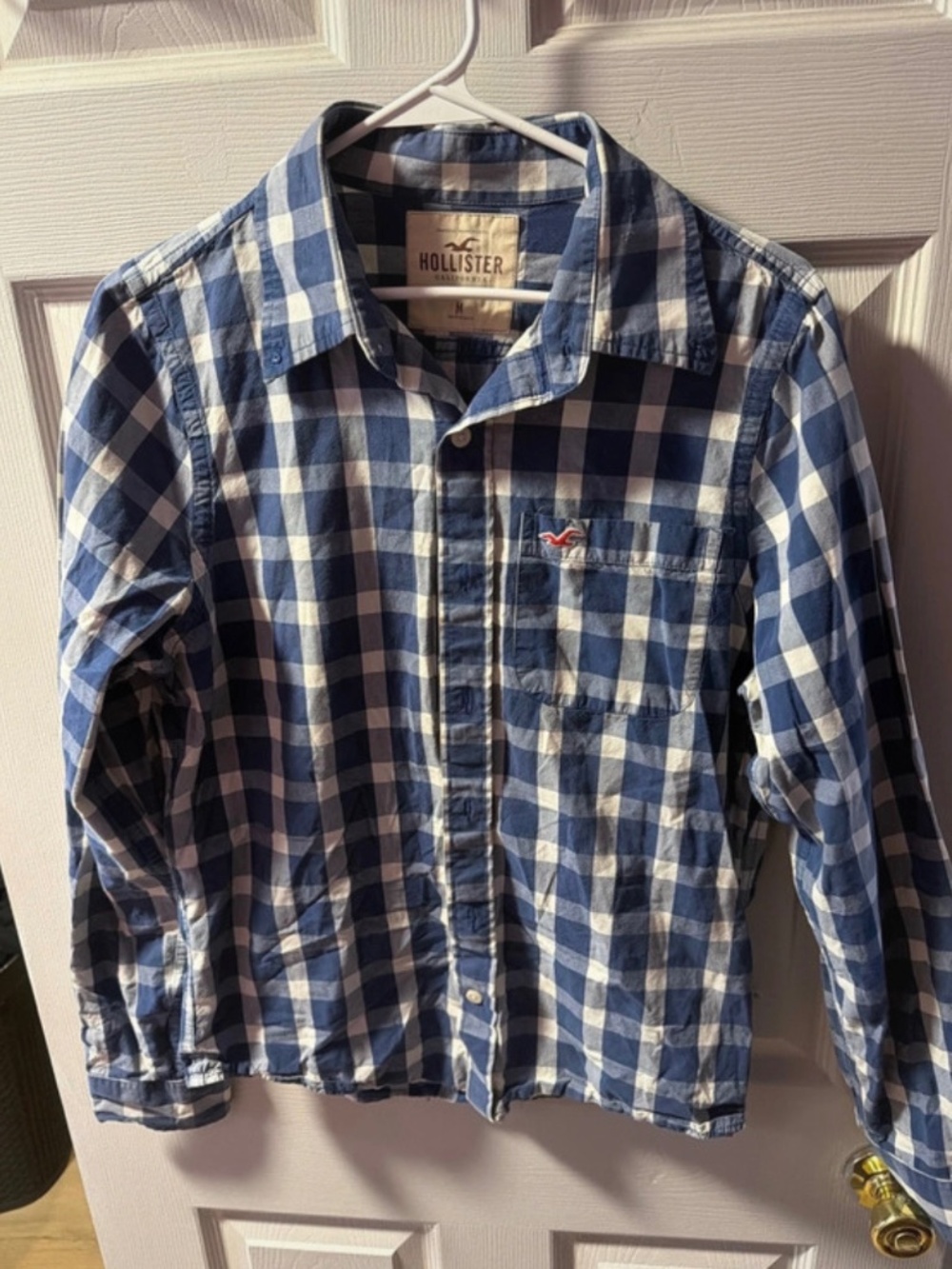 Hollister Men’s Medium Blue White Gingham Plaid Long Sleeve Button-Up Shirt